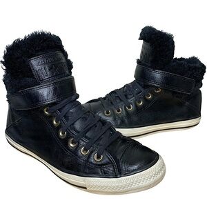 Converse All Star Brea High Top Sneakers Sz 10.5-11 Black Leather Fur Lined Shoe